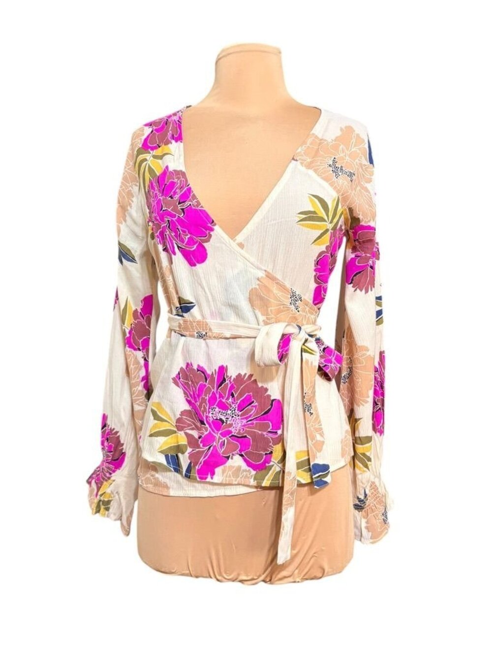 NEW Printed Floral Wrap Blouse Small CREAM MULTICOLOR Boho Pink Billabong NWT